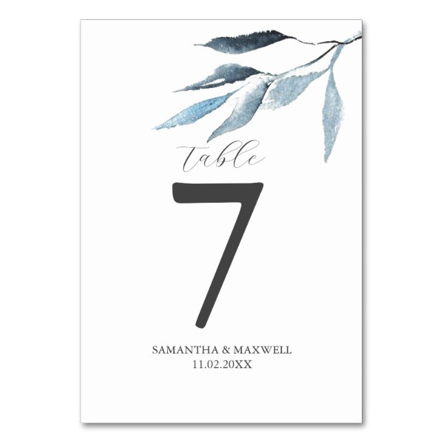 Wedding Table Number Dusty Blue Botanicals (Front)