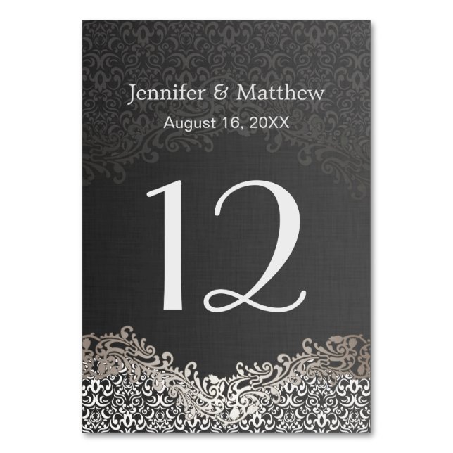 Wedding Table Number - Elegant Dark Silver Damask (Front)