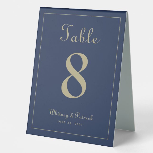Wedding Table Number Elegant Navy Blue Gold Dinner Tent (Front)