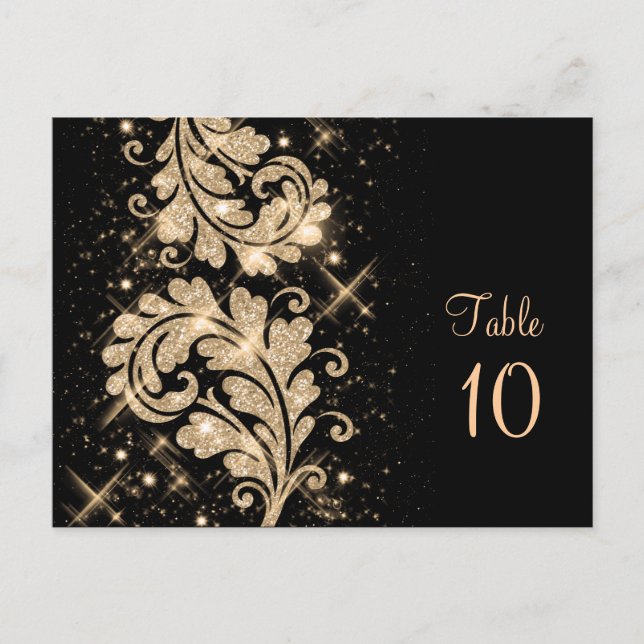 Wedding Table Number Floral Glitter Swirl Gold (Front)