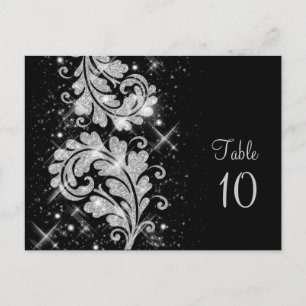 Wedding Table Number Floral Glitter Swirl Silver