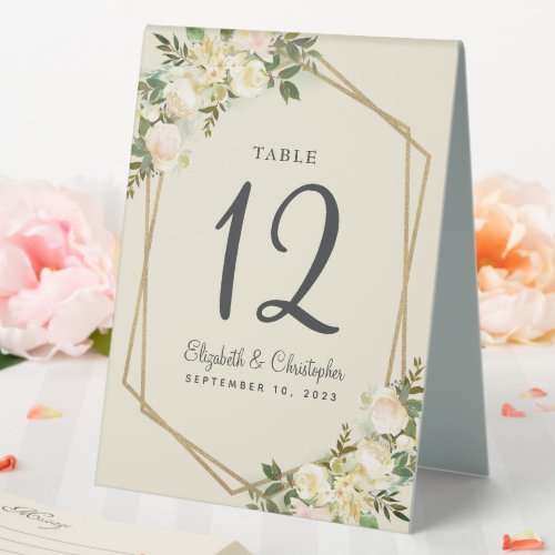 Wedding Table Number Floral Rose Gold Frame White Table Tent Sign