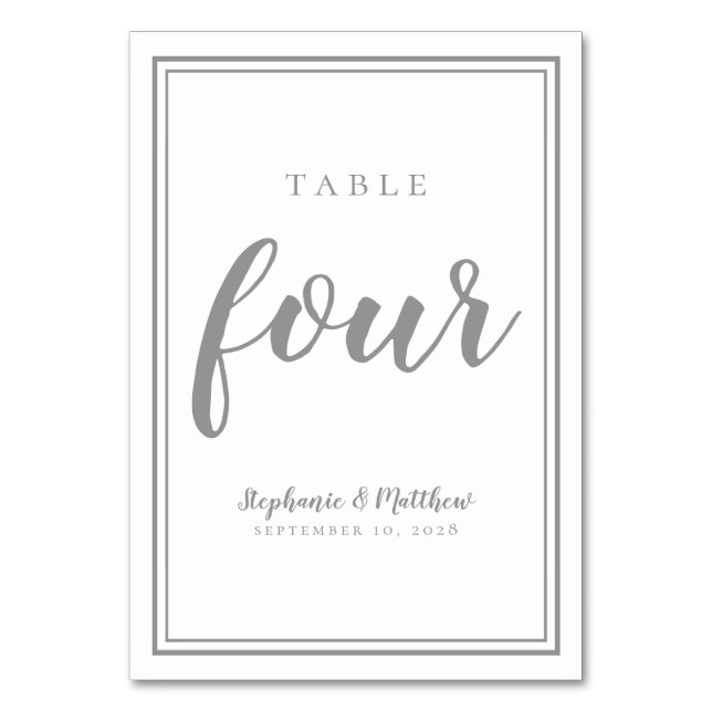 Wedding Table Number Four Simple Gray & White (Front)