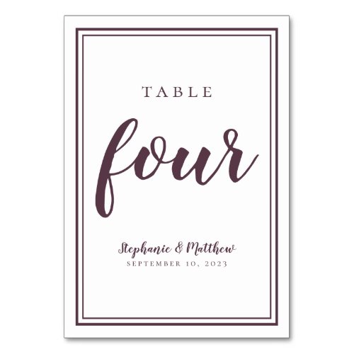 Wedding Table Number Four Simple Modern Purple