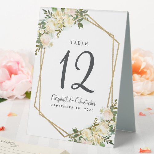 Wedding Table Number Gold Frame Floral Rose White Table Tent Sign