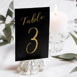 Wedding table number gold glitter black elegant<br><div class="desc">Faux gold foil formal calligraphy script wedding reception table card. The black background color is editable. You can change it after pushing CUSTOMIZE button.
You can find the whole range of numbers (1 - 50) here: http://bit.ly/2sLMaFh 
If you need help,  please contact me through the store bellow.</div>