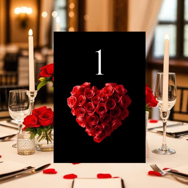 Wedding Table Number-Heart Shaped Red Roses- Table Number (Red Roses in the Shape of a Heart Wedding Collection- Black and White)