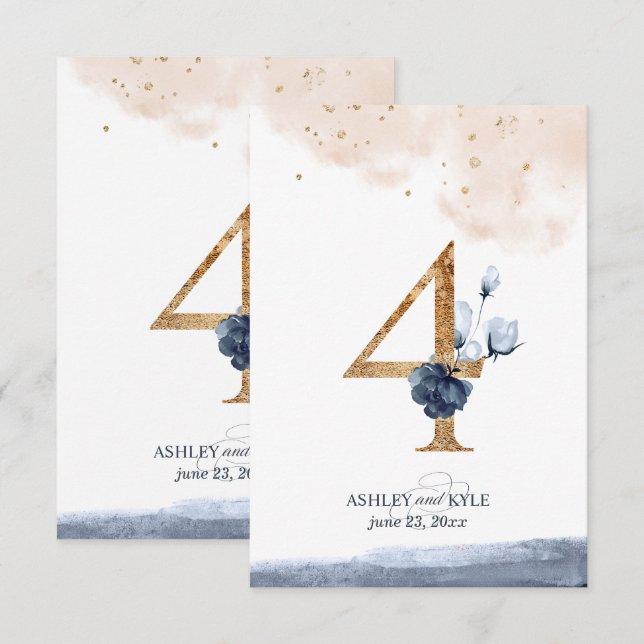 Wedding table number in navy, blush, and gold (Front/Back)