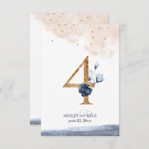 Wedding table number in navy, blush, and gold