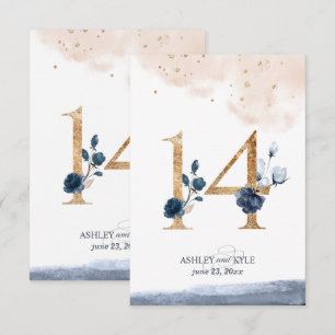 Wedding table number in navy, blush, and gold