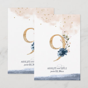 Wedding table number in navy, blush, and gold