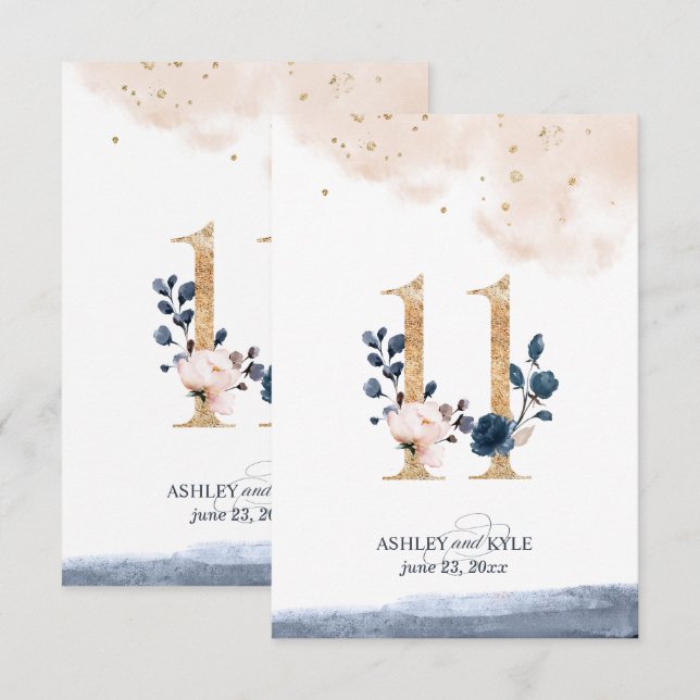 Wedding table number in navy, blush, and gold (Front/Back)