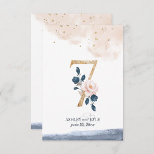 Wedding table number in navy, blush, and gold
