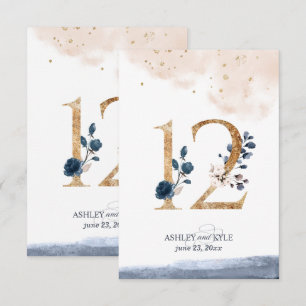 Wedding table number in navy, blush, and gold