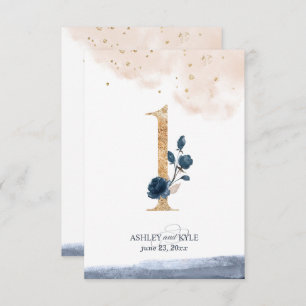 Wedding table number in navy, blush, and gold