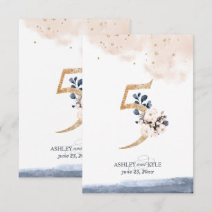Wedding table number in navy, blush, and gold