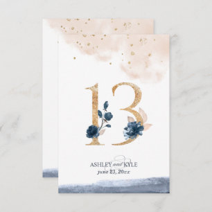 Wedding table number in navy, blush, and gold