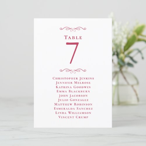 Wedding Table Number Magenta Red Guest Table Card