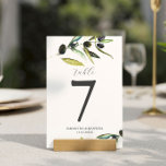 Wedding Table Number Minimalist Olive Branch<br><div class="desc">This wedding table number features watercolor olive branch foliage. Use the simple template fields to add your custom names,  wedding date and table numbers. To see more from this branded olive wedding stationery suite visit https://www.zazzle.com/collections/olive_wedding_theme_stationery_suite-119151338630521792

Watercolor art and design by Victoria Grigaliunas</div>