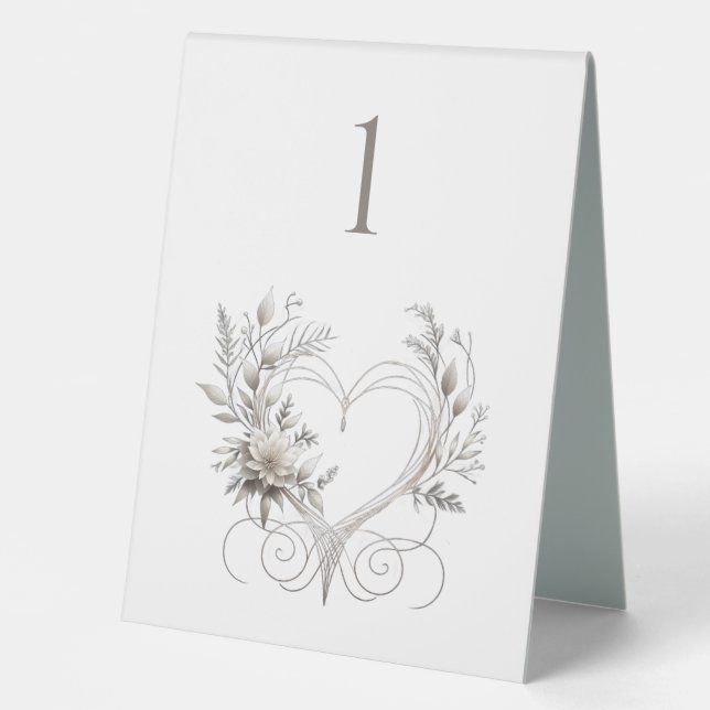 Wedding Table Number-Modern Flowers with a Heart Tent (Front)
