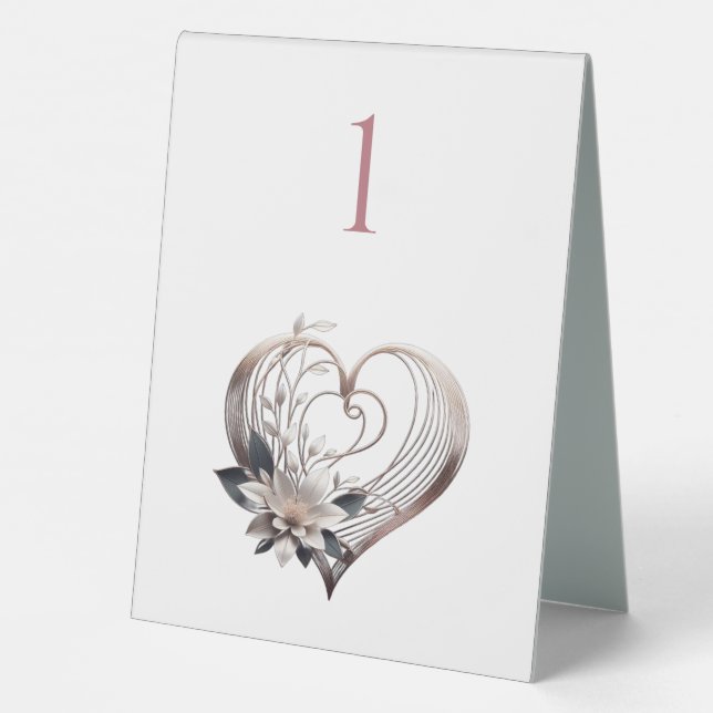 Wedding Table Number-Modern Pink Heart with Flower Table Tent (Back)