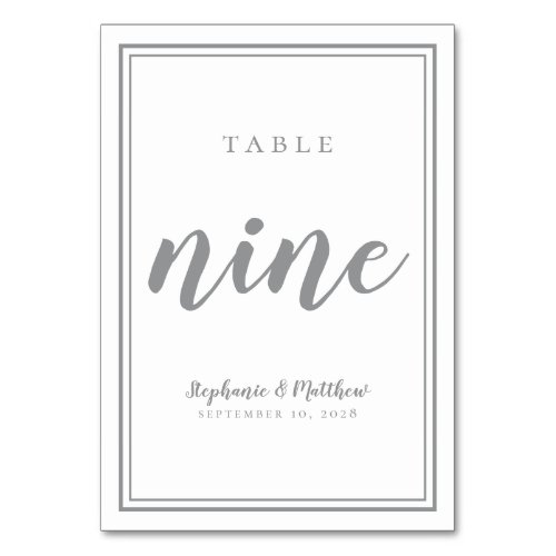 Wedding Table Number NINE Simple  Gray  White