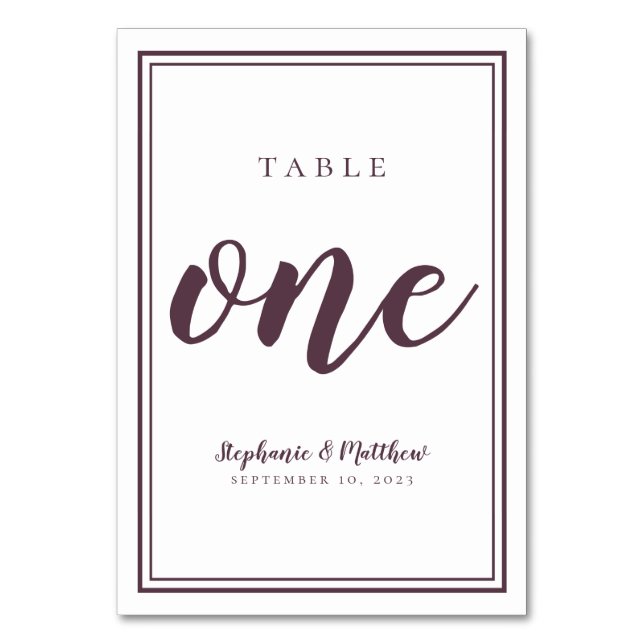 Wedding Table Number One Simple Modern Purple Plum (Front)
