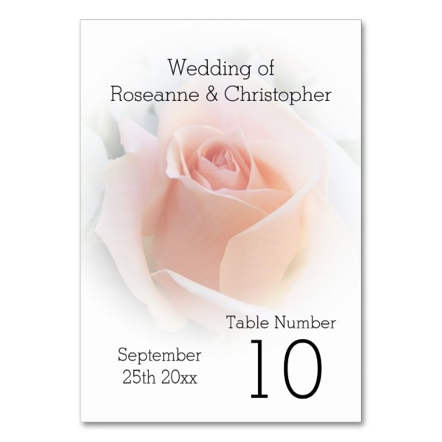 Wedding Table Number Peach Pink Rosebud (Front)
