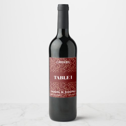 Wedding Table Number Red Baroque Design Wine Label