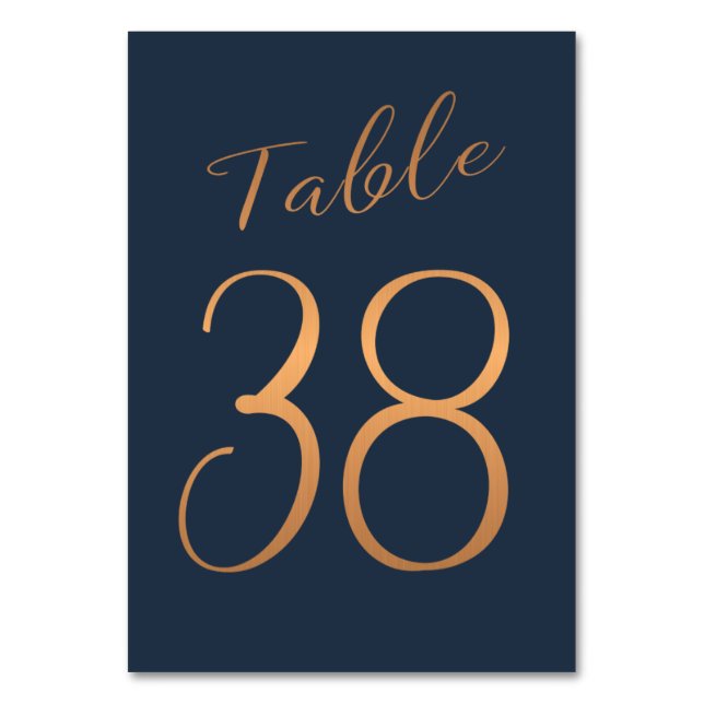 Wedding table number rose gold copper glitter navy (Front)