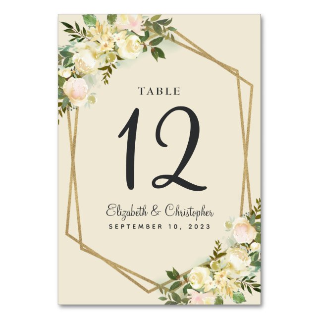 Wedding Table Number Rustic Floral Gold Botanical (Front)