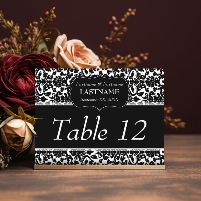 Wedding Table Number Sign Damask Pattern (Black Modern Wedding - Reserved table Number Sign)