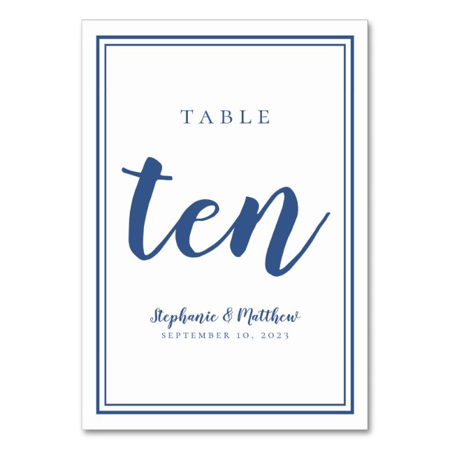 Wedding Table Number Ten Simple Blue & White (Front)