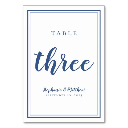 Wedding Table Number Three Simple Blue  White