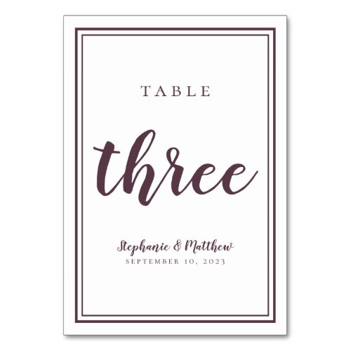 Wedding Table Number Three Simple Modern Purple