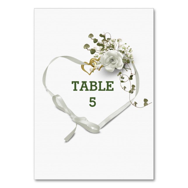 Wedding Table Number White Ribbon Heart (Front)