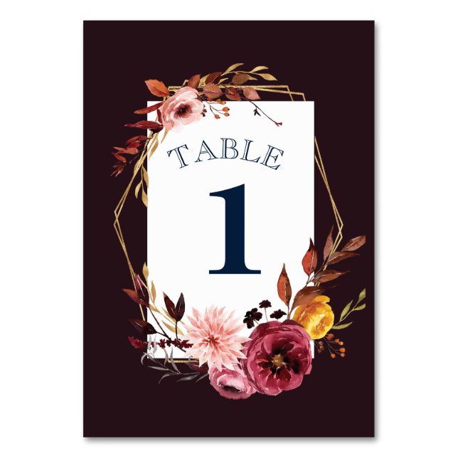 Wedding Table Numbers for Burgundy Gold Wedding (Front)