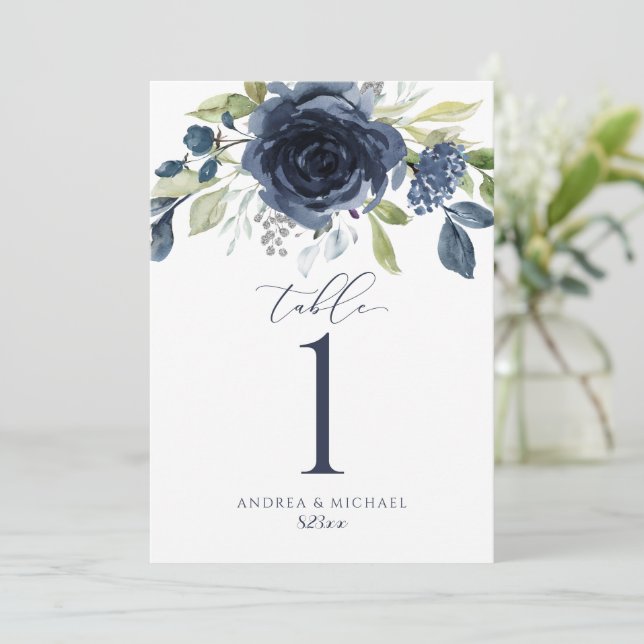 Wedding Table Numbers Navy Blue Watercolor Floral (Standing Front)