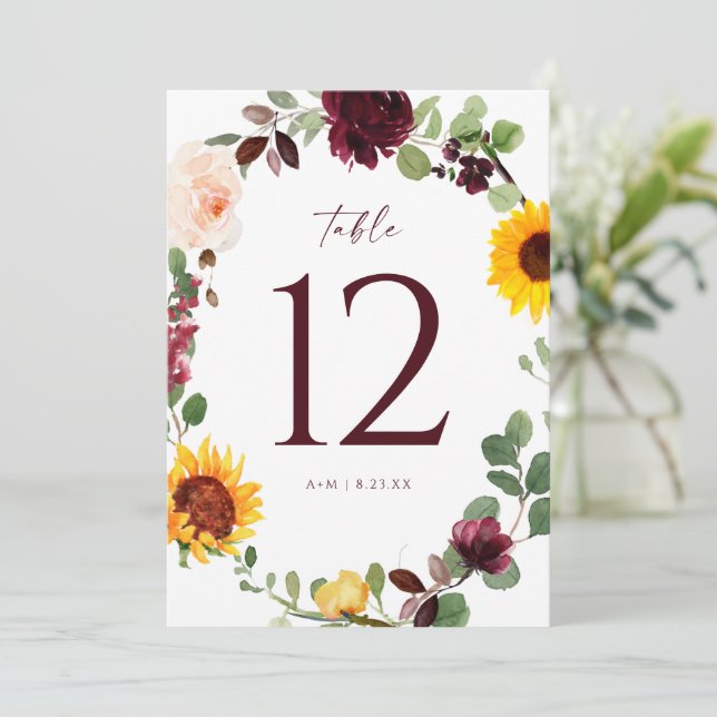 Wedding Table Numbers Sunflower Roses Burgundy Red (Standing Front)