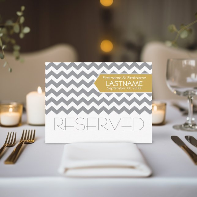 Wedding Table RESERVED Sign Modern Chevron Postcard (Mod Chevron Gold Grey reserved wedding table sign)