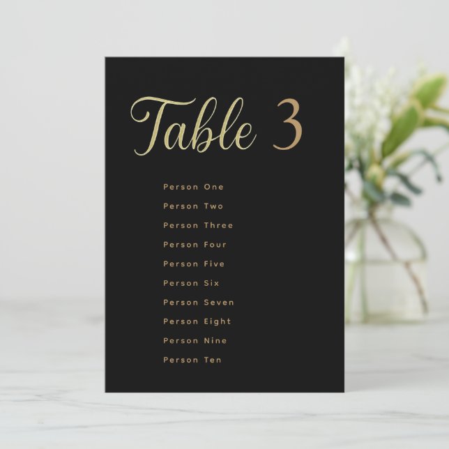 Wedding Table Seating Chart Cards | Gold on Black (Standing Front)