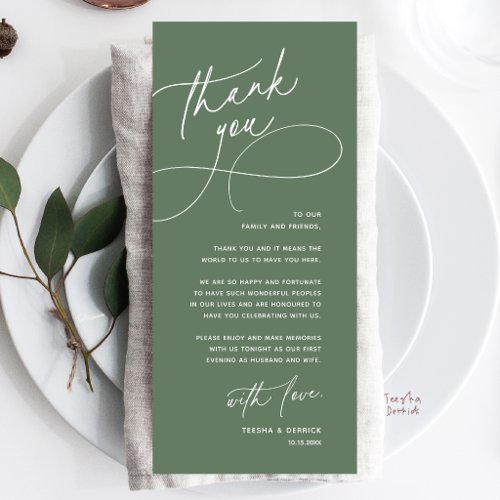 Wedding Table Thank You Elegant Reception Card