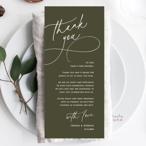 Wedding Table Thank You Elegant Reception Card