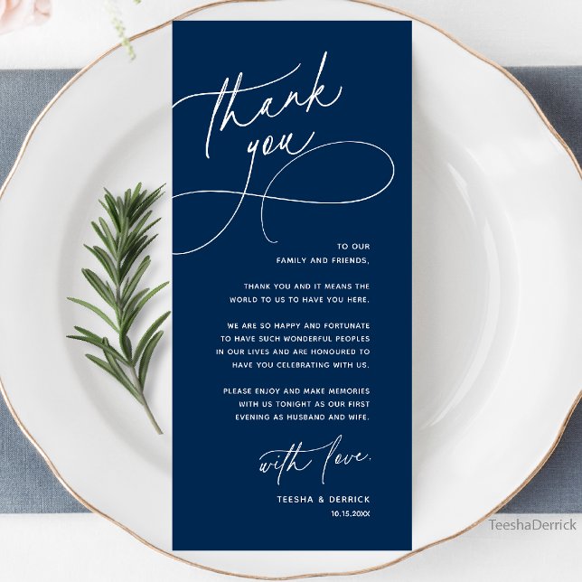 Wedding Table Thank You Elegant Reception Card (Wedding Table Thank You Elegant Reception Dinner Card in navy blue)