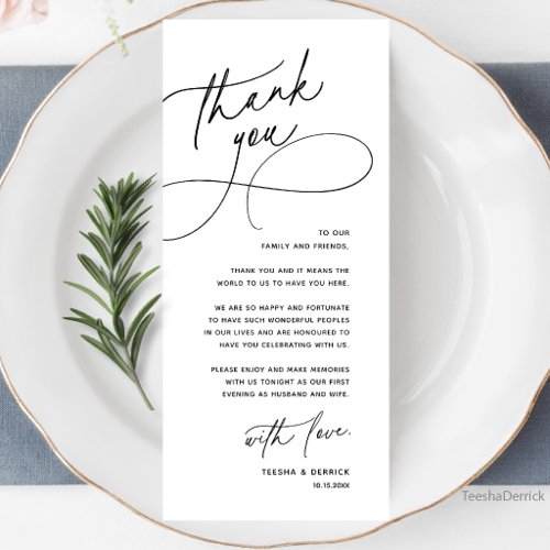 Wedding Table Thank You Elegant Reception Card