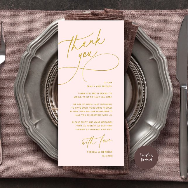 Wedding Table Thank You Elegant Reception Card (Wedding Table Thank You Elegant Reception Dinner Card in blush yellow gold)