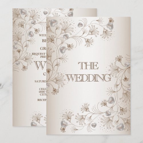 Wedding Tan Floral Heart Pattern Beige Elegant Invitation