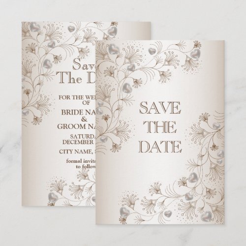 Wedding Tan Floral Heart Pattern Elegant Vintage Save The Date