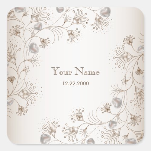 Wedding Tan Floral Heart Pattern Elegant Vintage Square Sticker