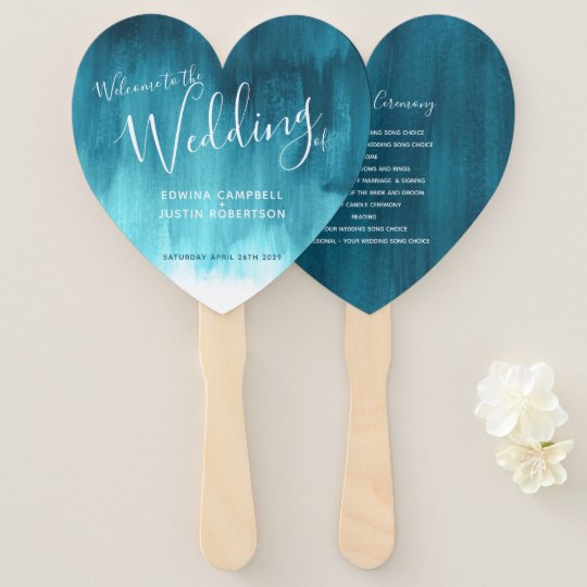 Wedding Teal Aqua Modern Tinted Art Program Fans Zazzle Com